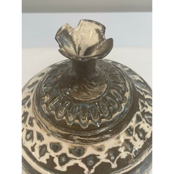 Hand Thrown Carved Agateware Pottery 8.25" Vase Blue Brown Cream Clay - Picture 5 of 13